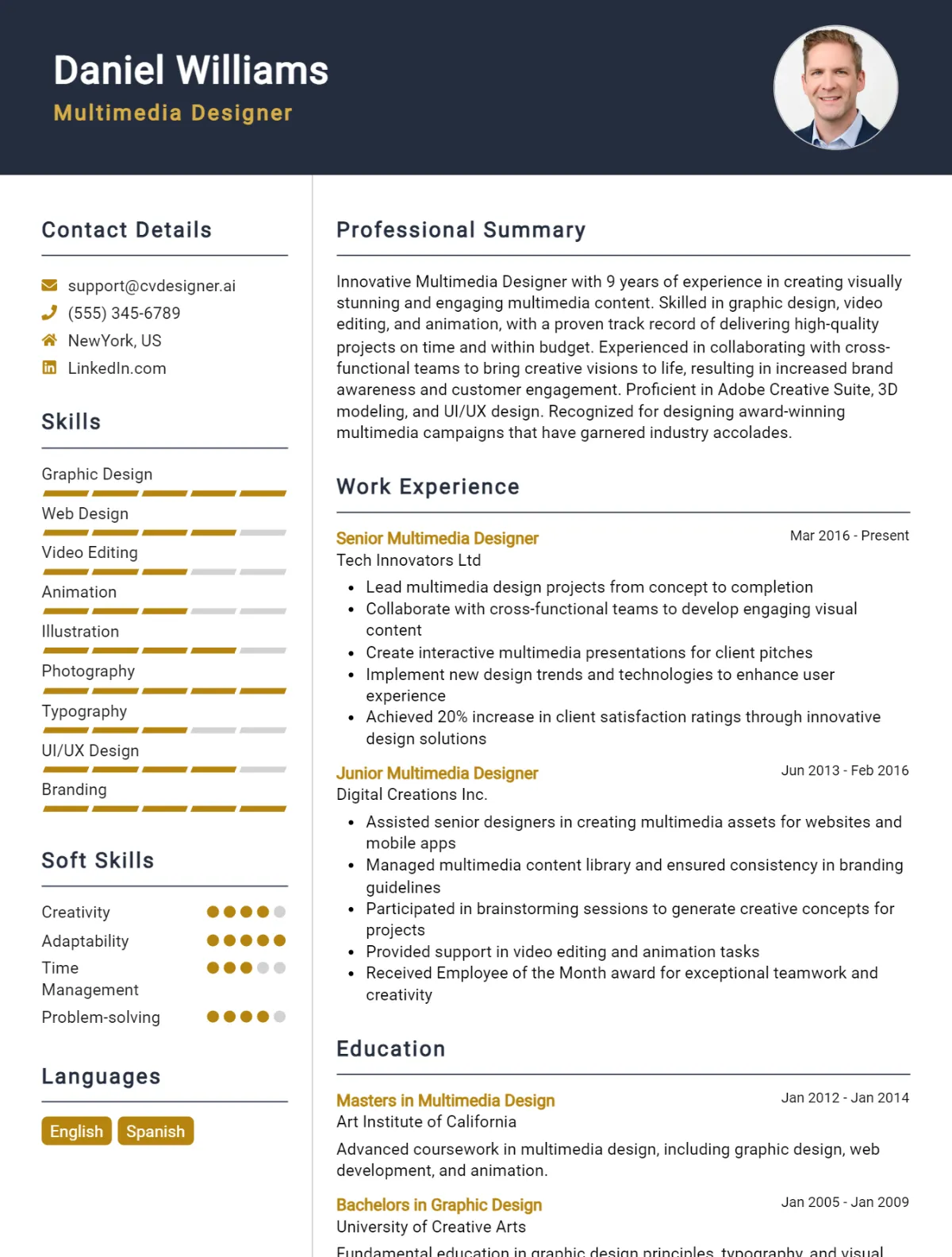 Multimedia Designer CV Example For 2026: Free Downloadable Templates Preview