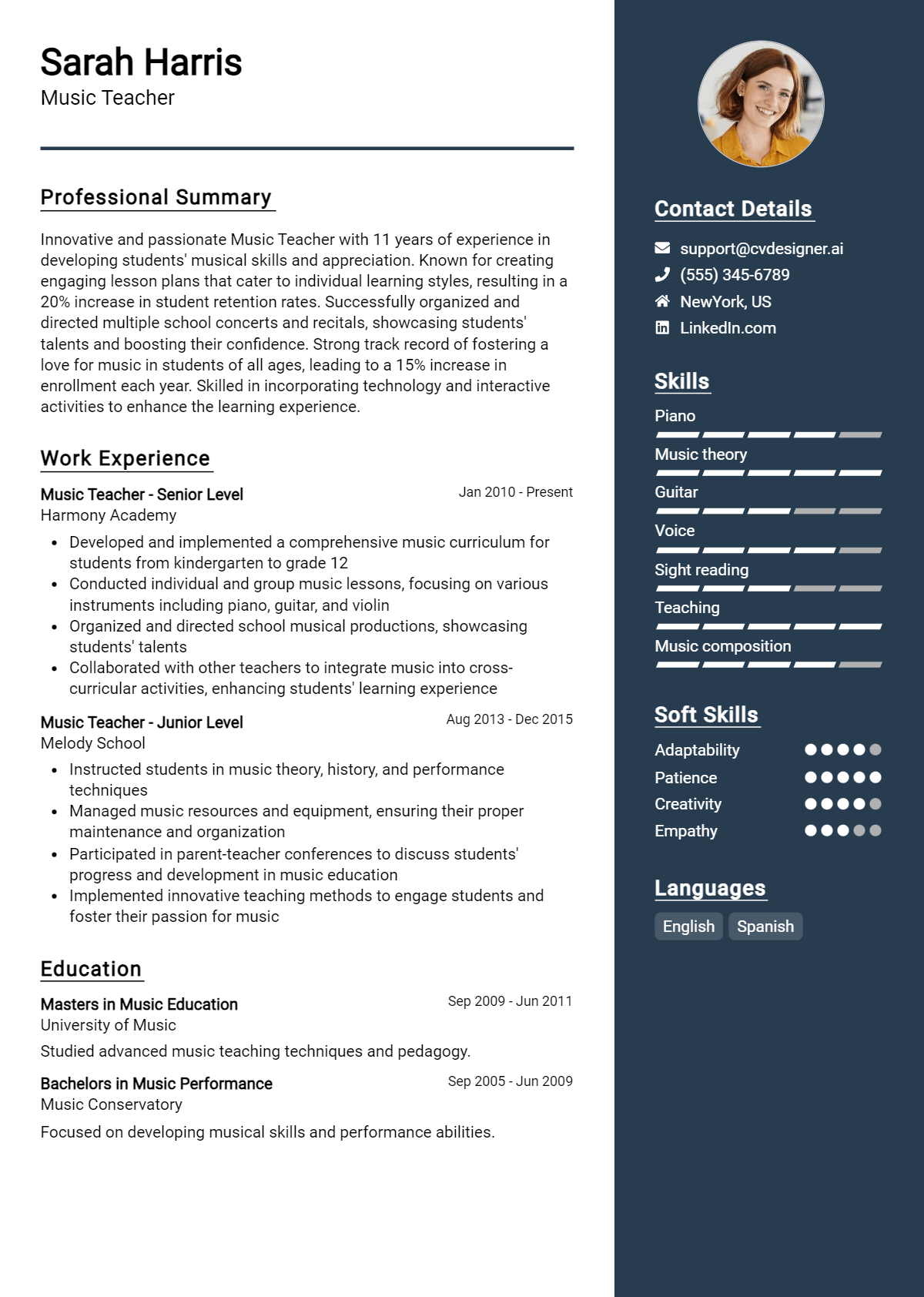 Music Teacher Resume Example for 2026: Top CV Skills Preview