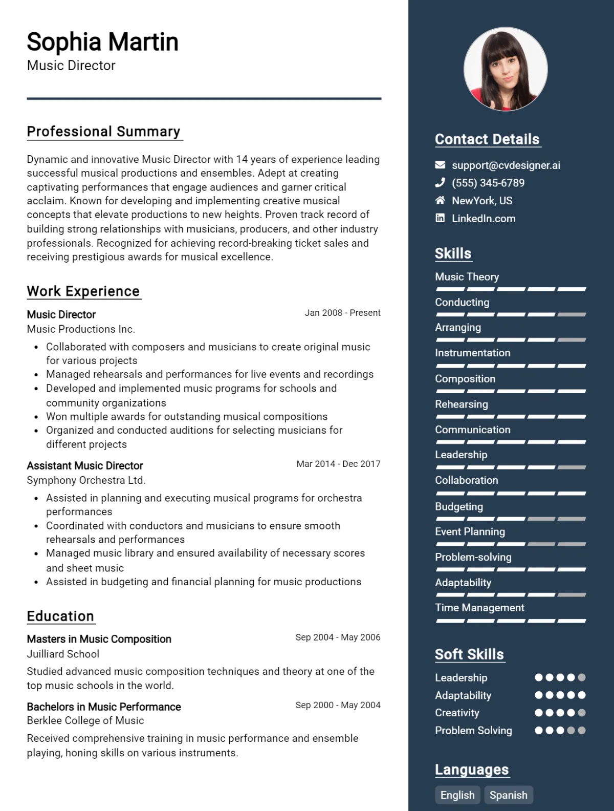 Music Director CV Example For 2026: Free Professional Templates Preview