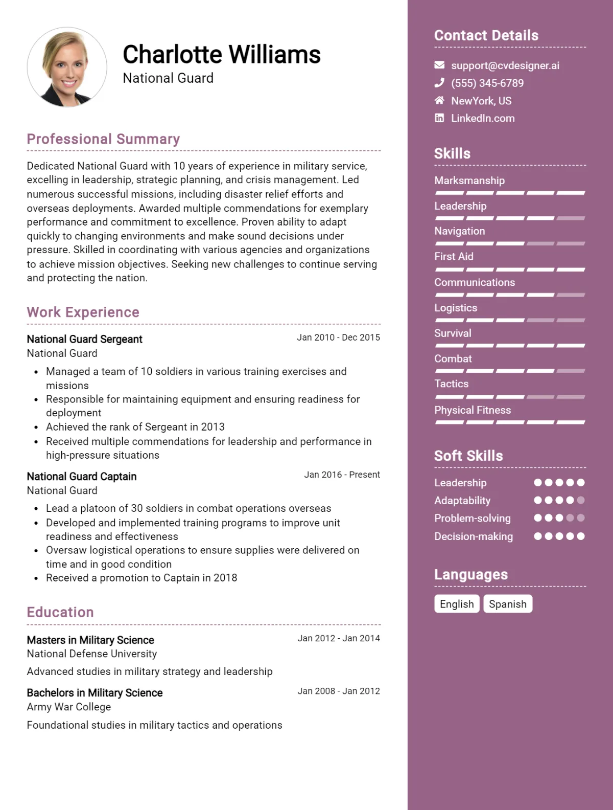 National Guard CV Example For 2026: Professional CV Templates Preview
