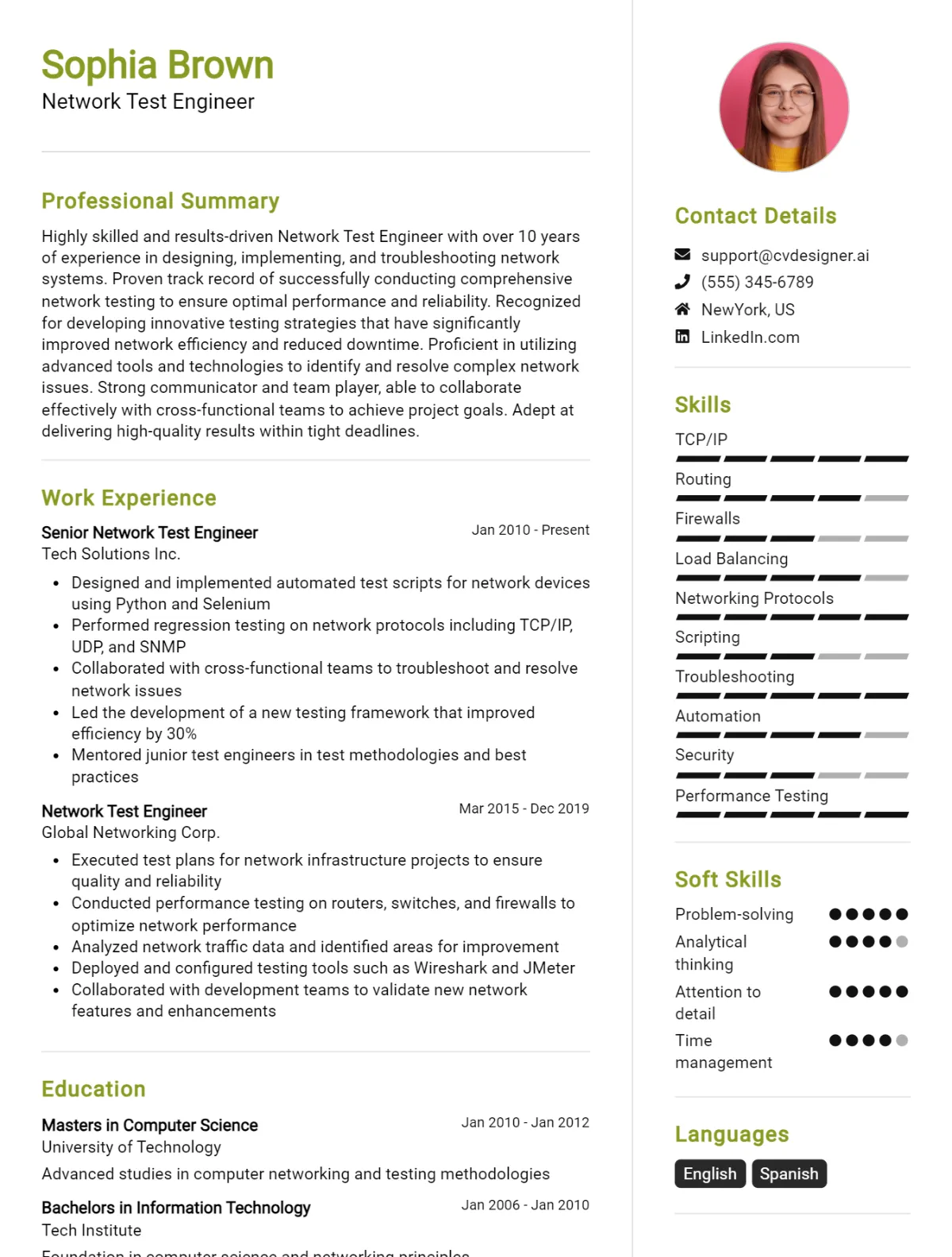 Network Test Engineer CV Example For 2026: Professional CV Templates Preview