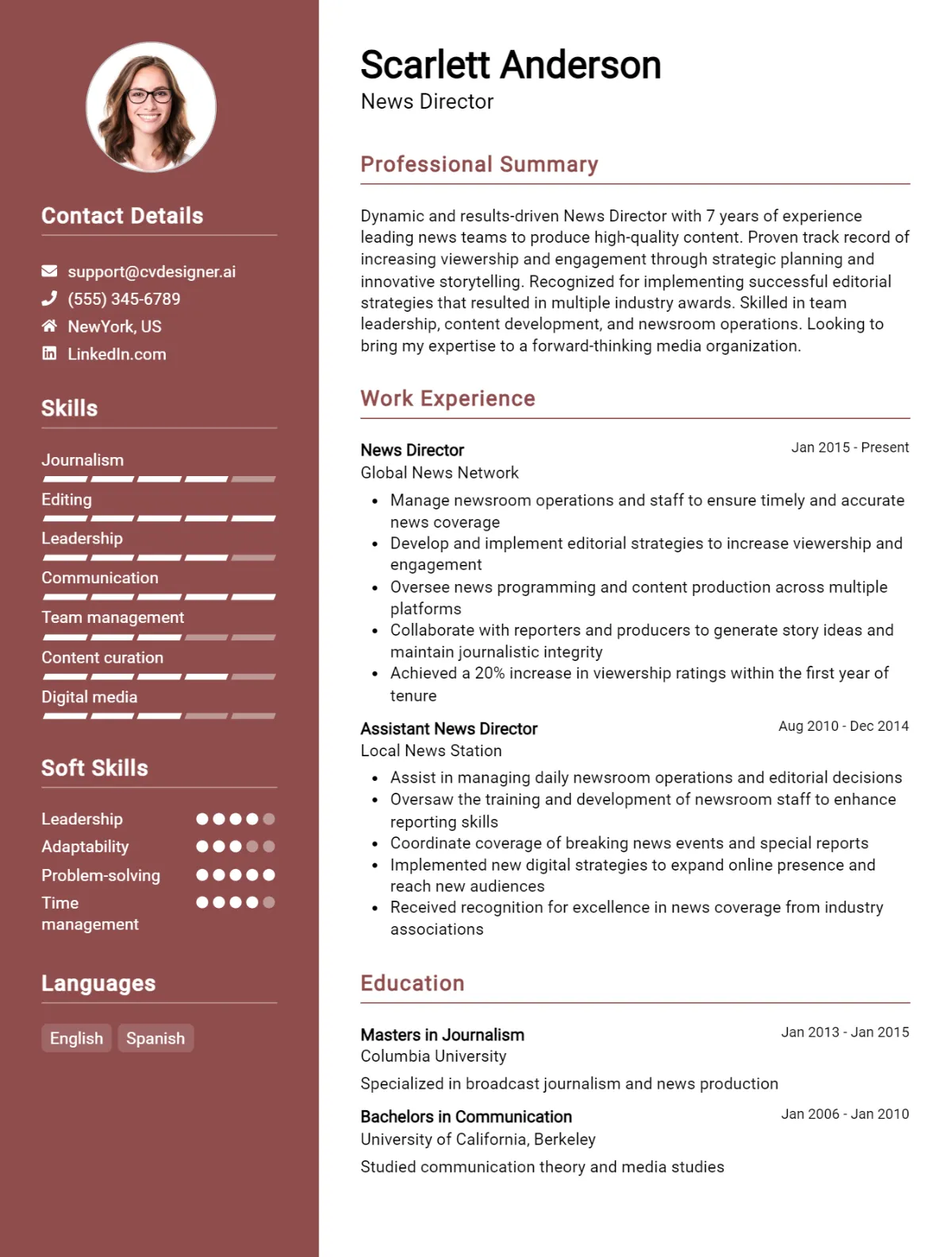 News Director CV Example For 2026: Free Professional Templates Preview