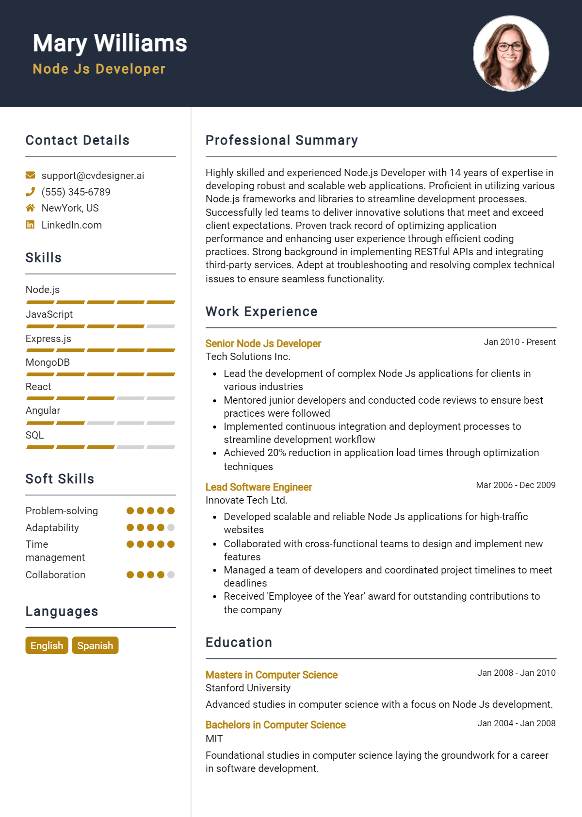 Node JS Developer Resume Example for 2026: Writing Guide Preview