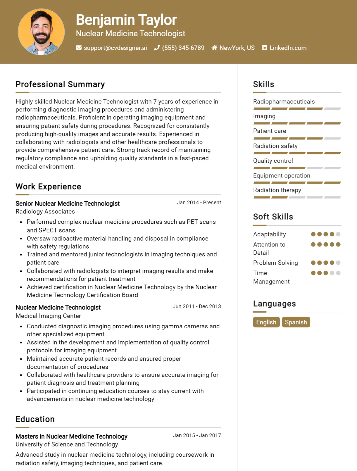 Nuclear Medicine Technologist CV Example For 2026: Professional CV Templates Preview