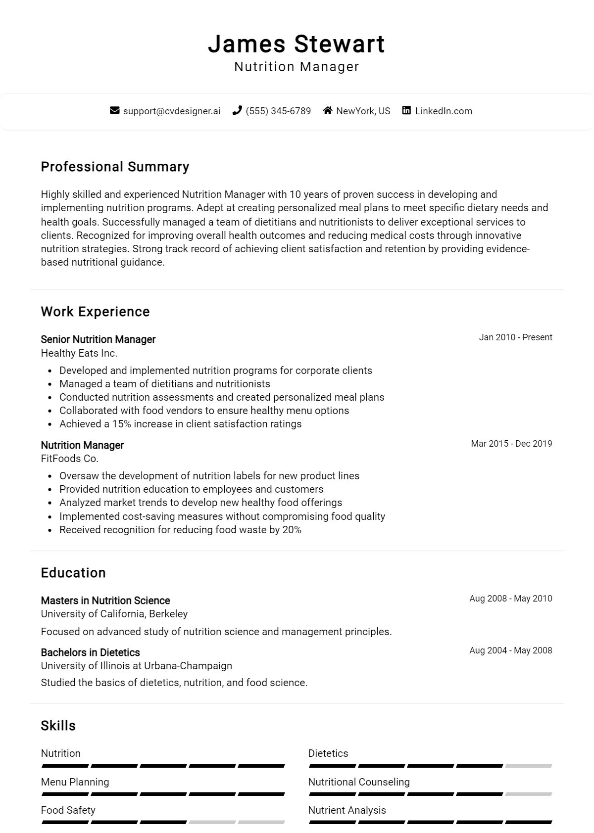 Nutrition Manager Resume Example for 2026: Professional CV Templates Preview