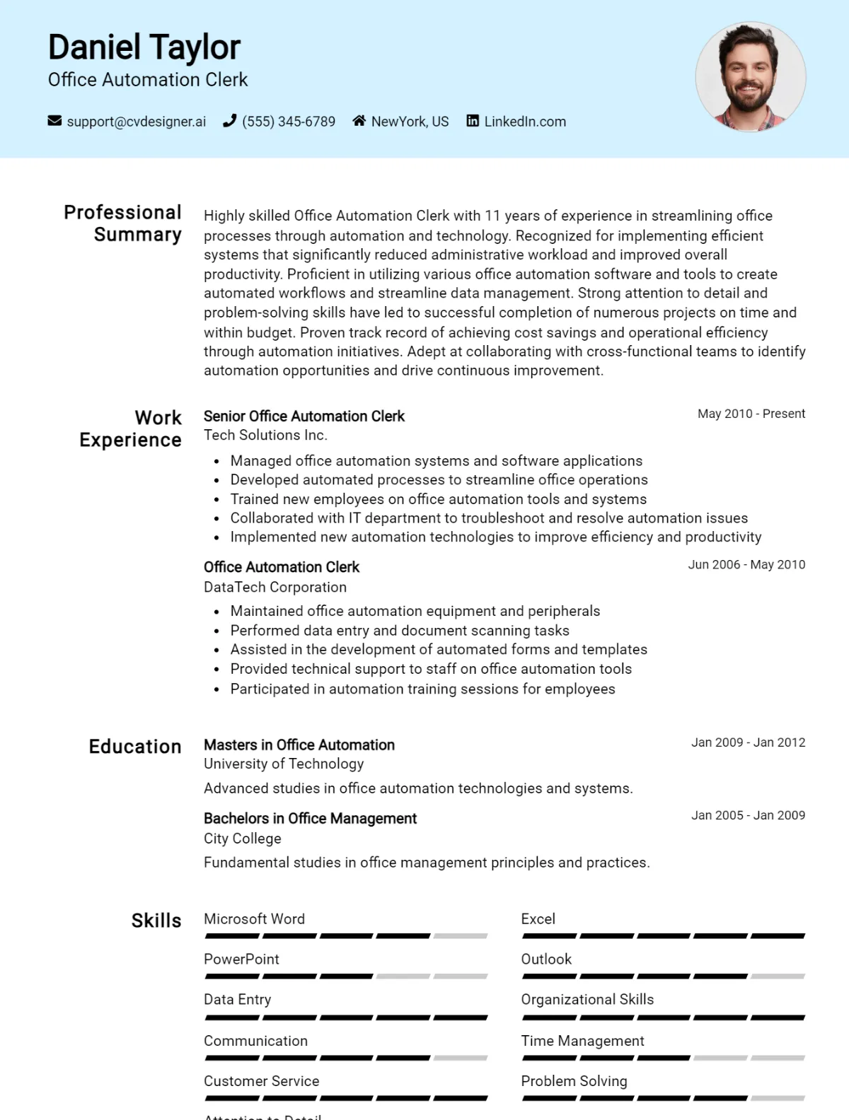 Office Automation Clerk CV Example For 2026: Professional CV Templates Preview