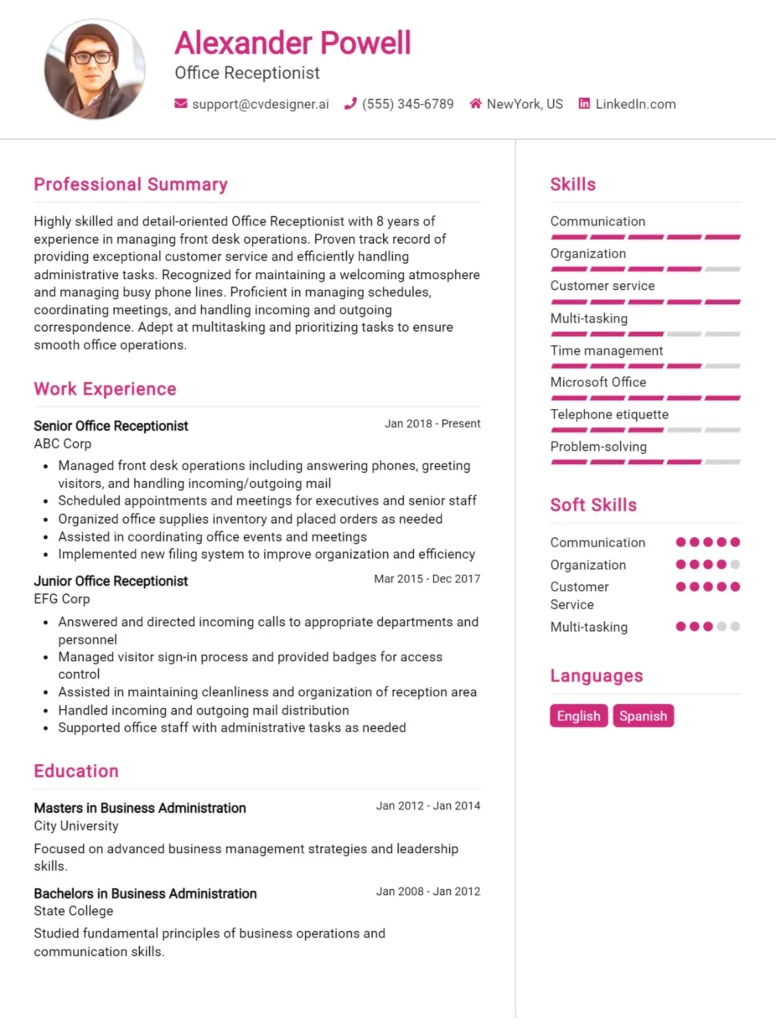 Office Receptionist CV Example