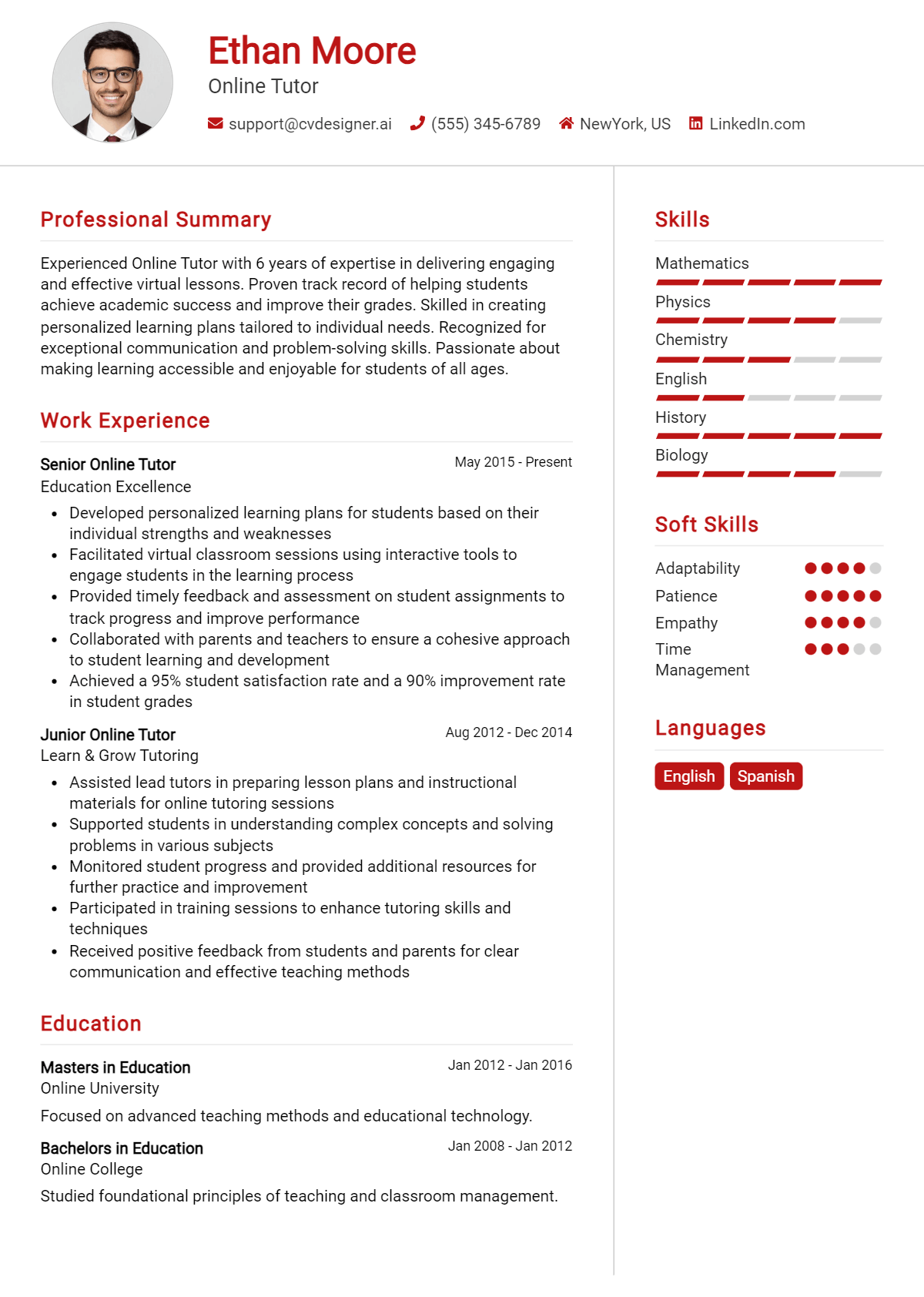 Online Tutor Resume Example for 2026: Top CV Skills Preview