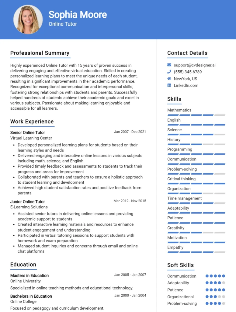 Online Tutor CV Example