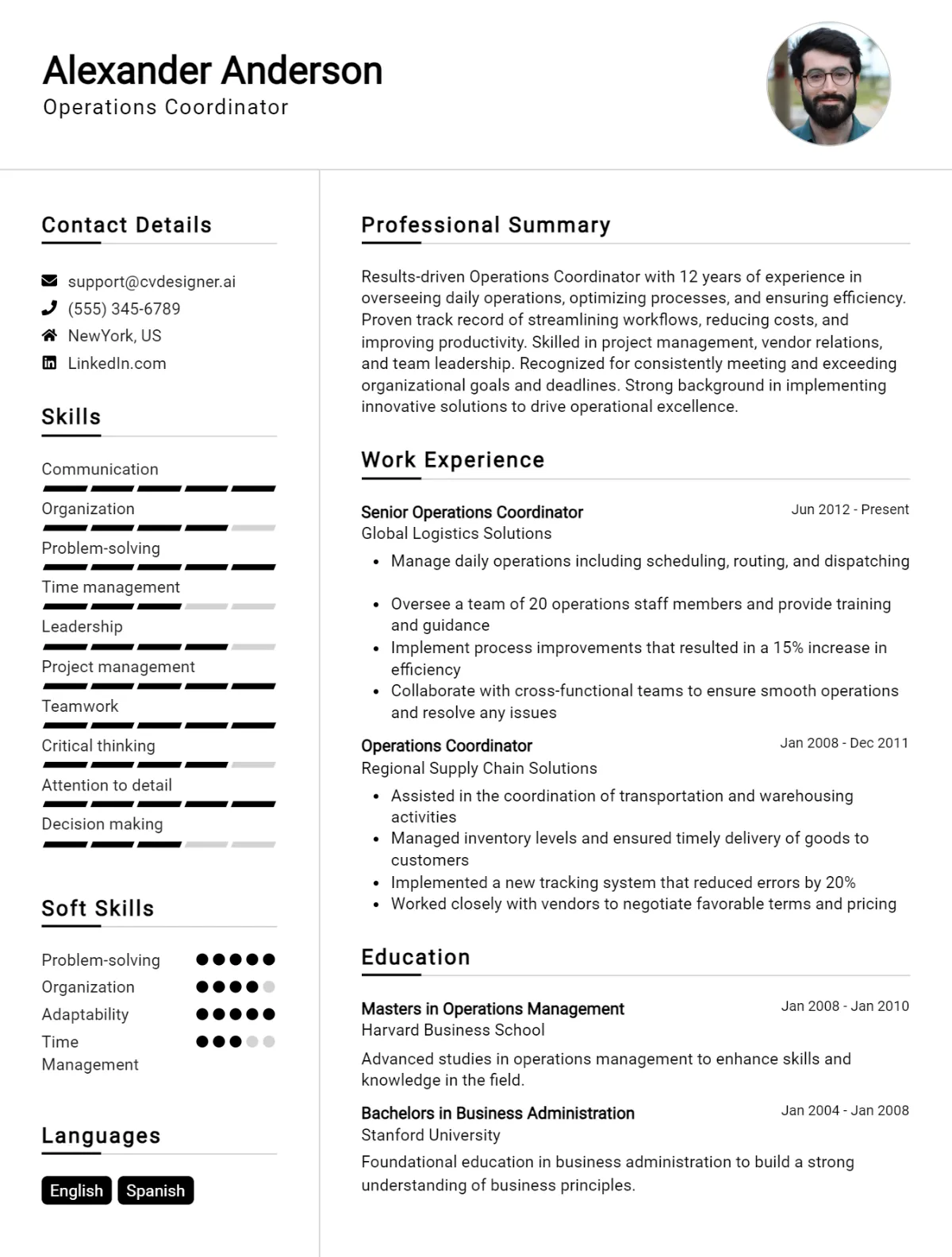 Operations Coordinator CV Example For 2026: Top CV Skills Preview
