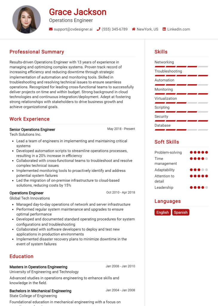 Operations Engineer Resume Example