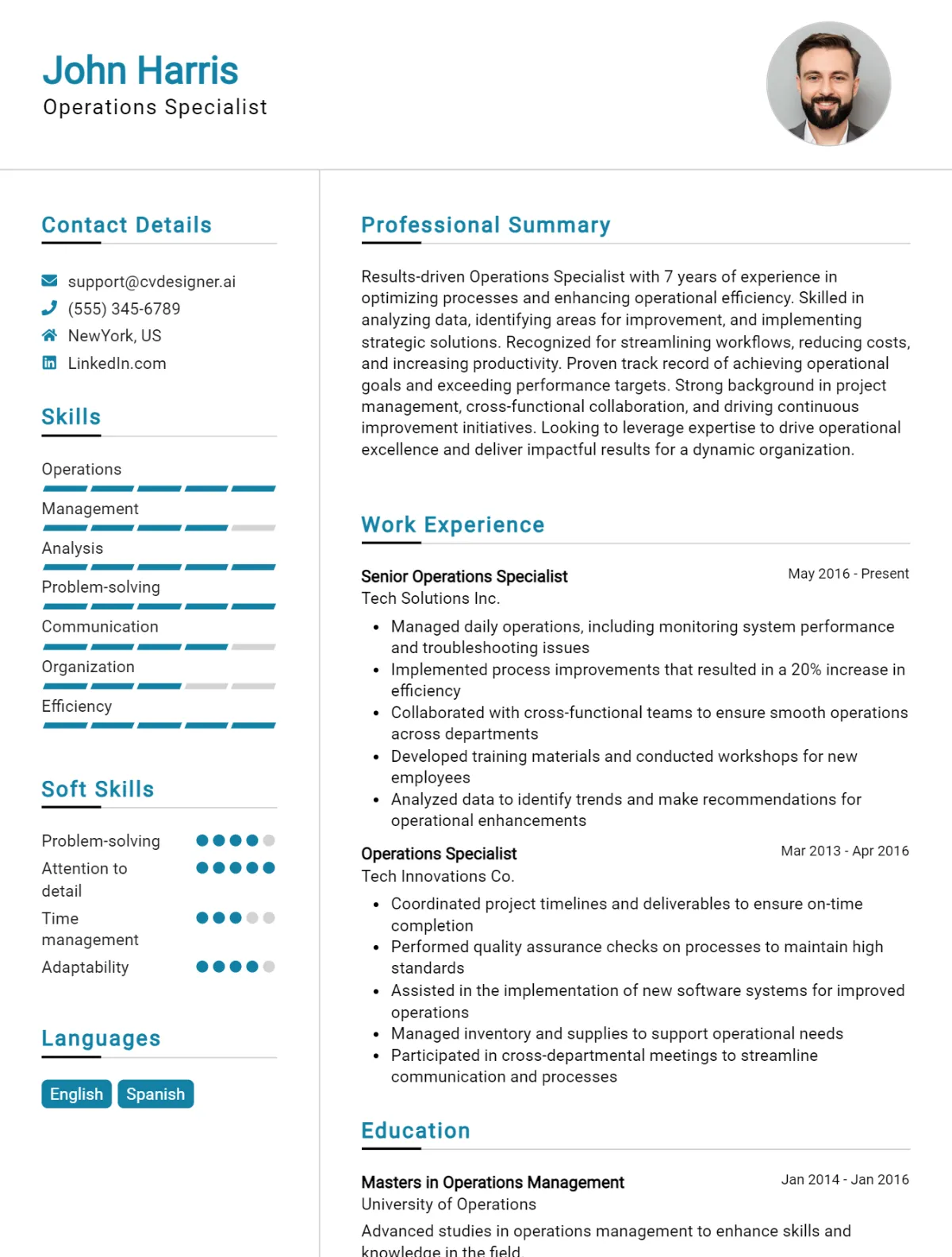 Operations Specialist CV Example For 2026: Professional CV Templates Preview
