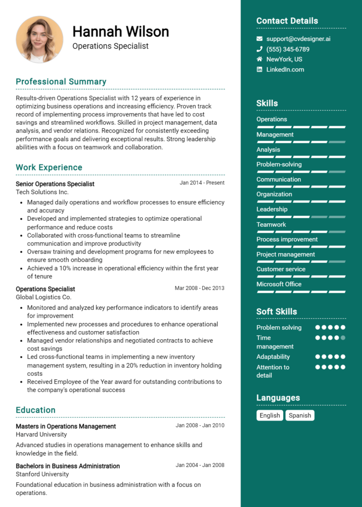 Operations Specialist Resume Example