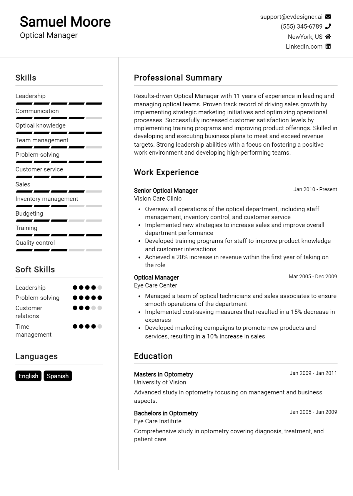 Optical Manager Resume Example for 2026: Free Templates Preview