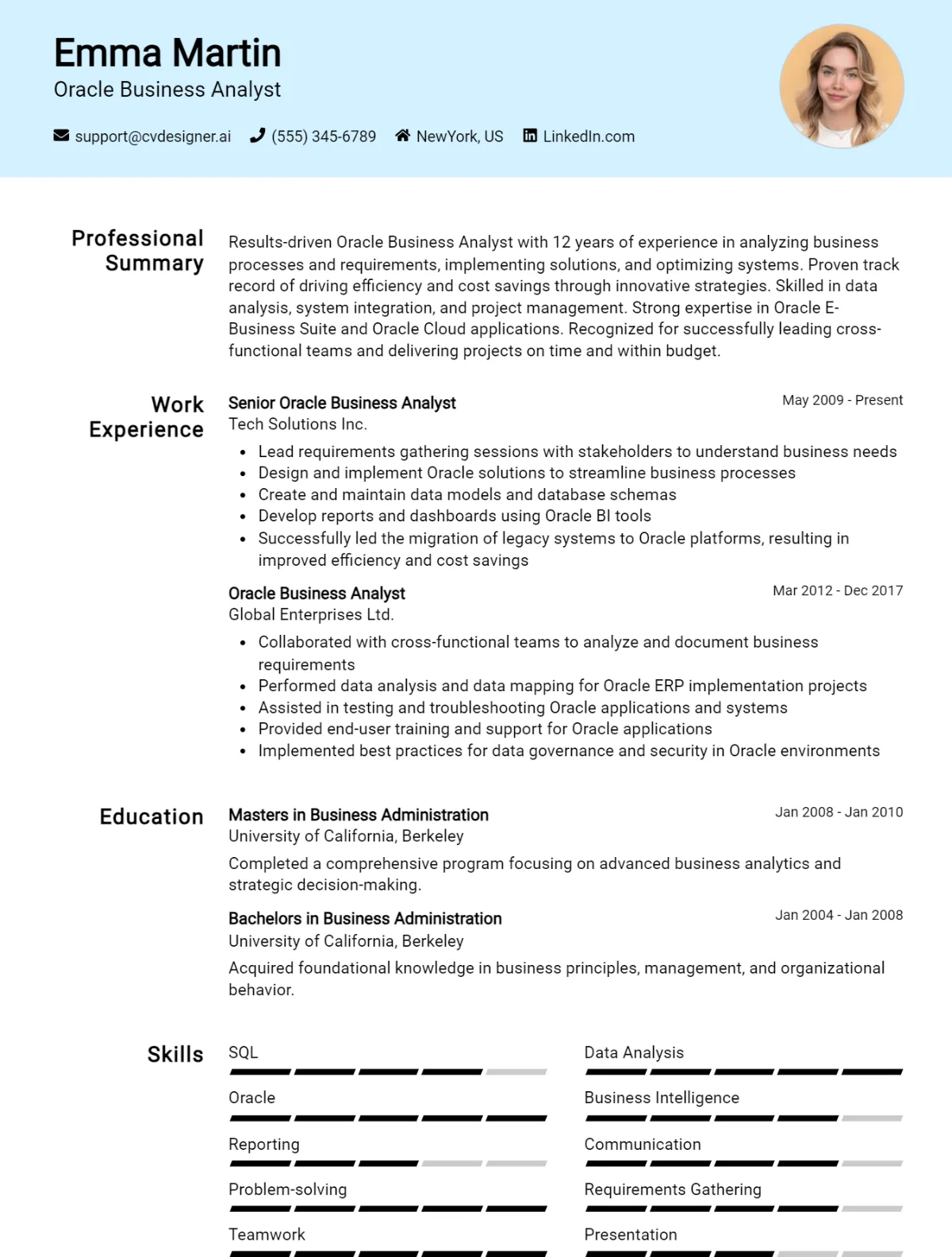Oracle Business Analyst CV Example For 2026: Examples & Free Templates Preview