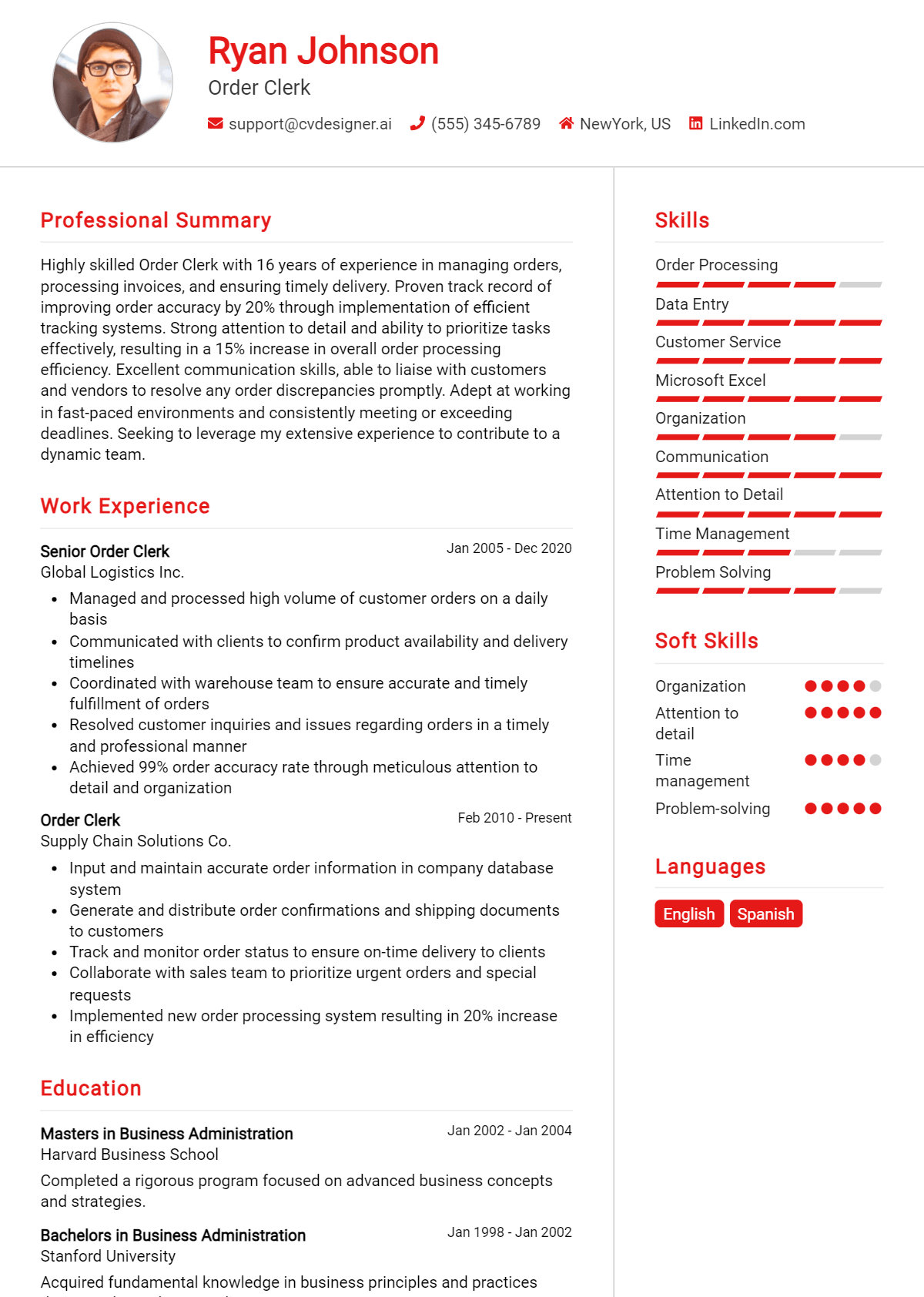 Order Clerk Resume Example for 2026: Professional CV Templates Preview