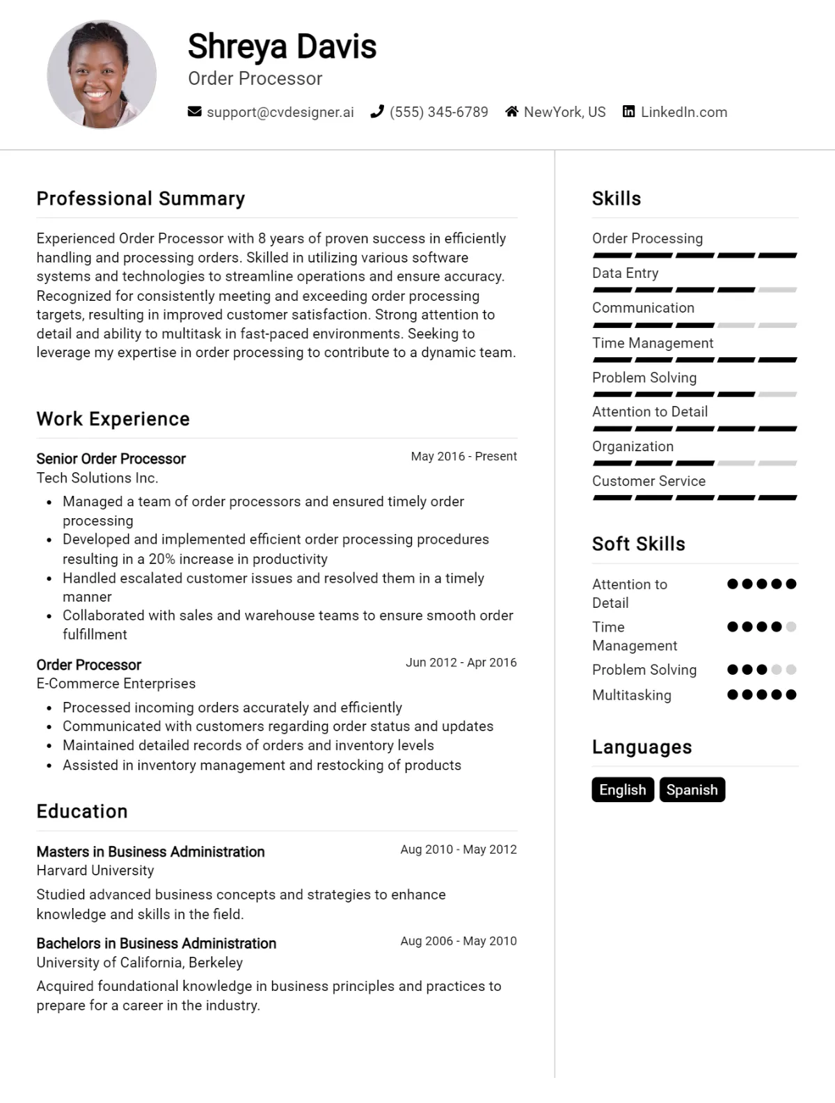 Order Processor CV Example For 2026: Professional CV Templates Preview