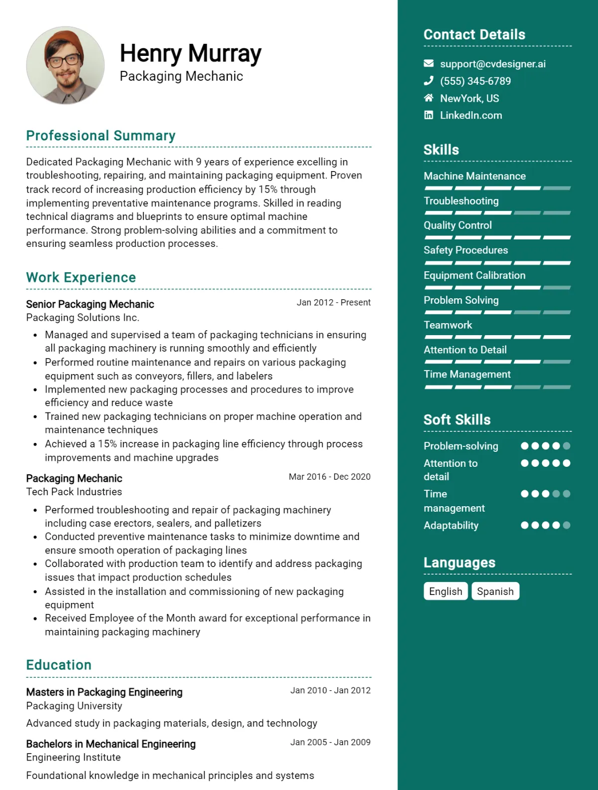 Packaging Mechanic CV Example For 2026: Free Professional Templates Preview