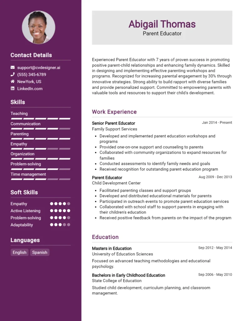Parent Educator CV Example