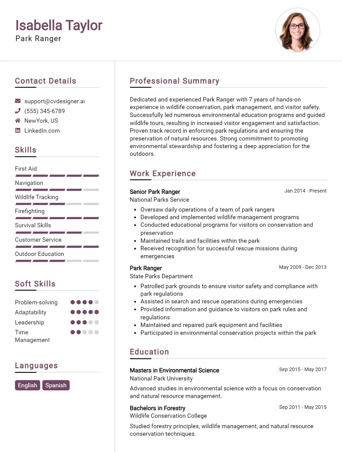 Park Ranger CV Example For 2026: Examples & Free Templates Preview