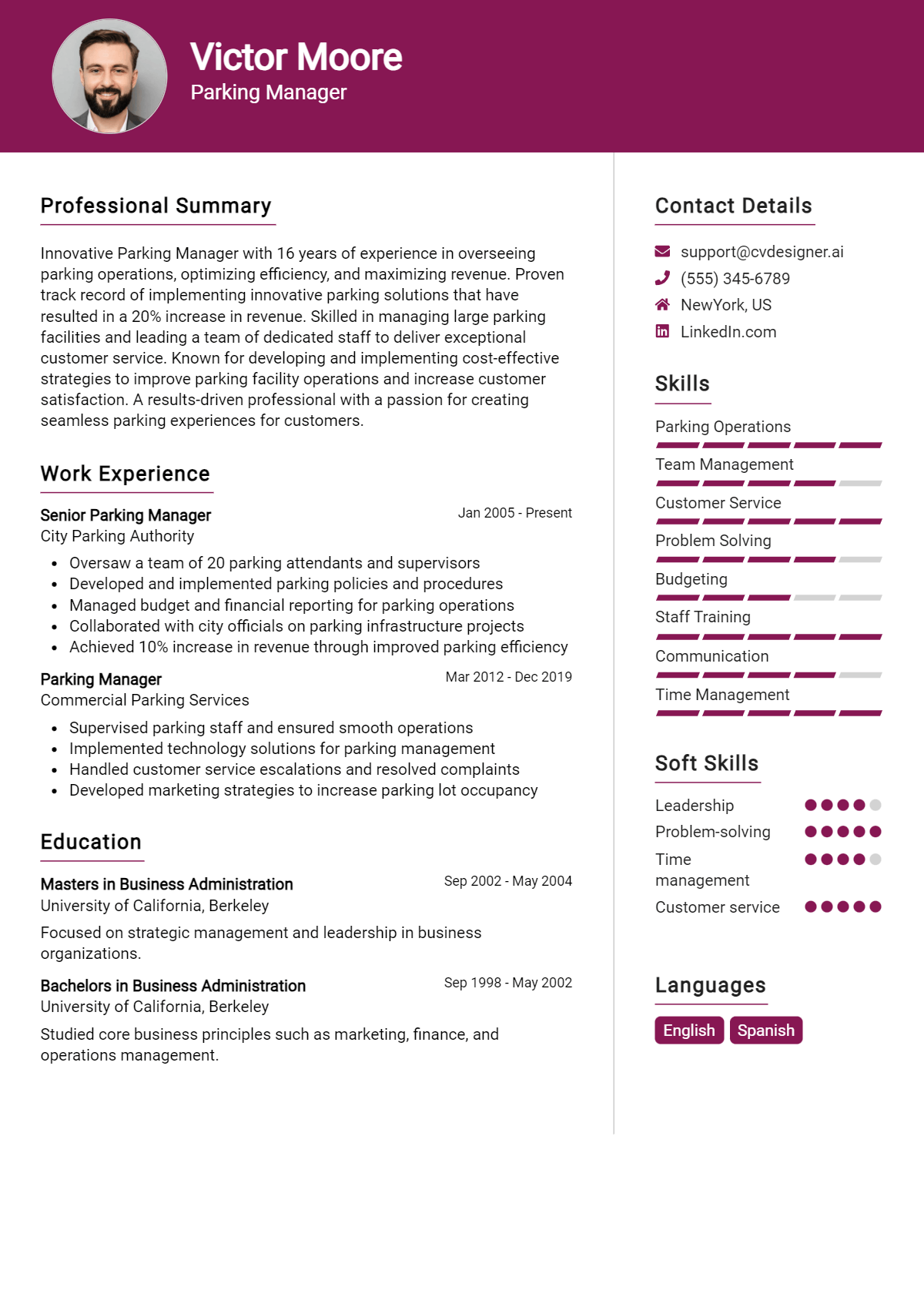 Parking Manager Resume Example for 2026: Free Examples Preview