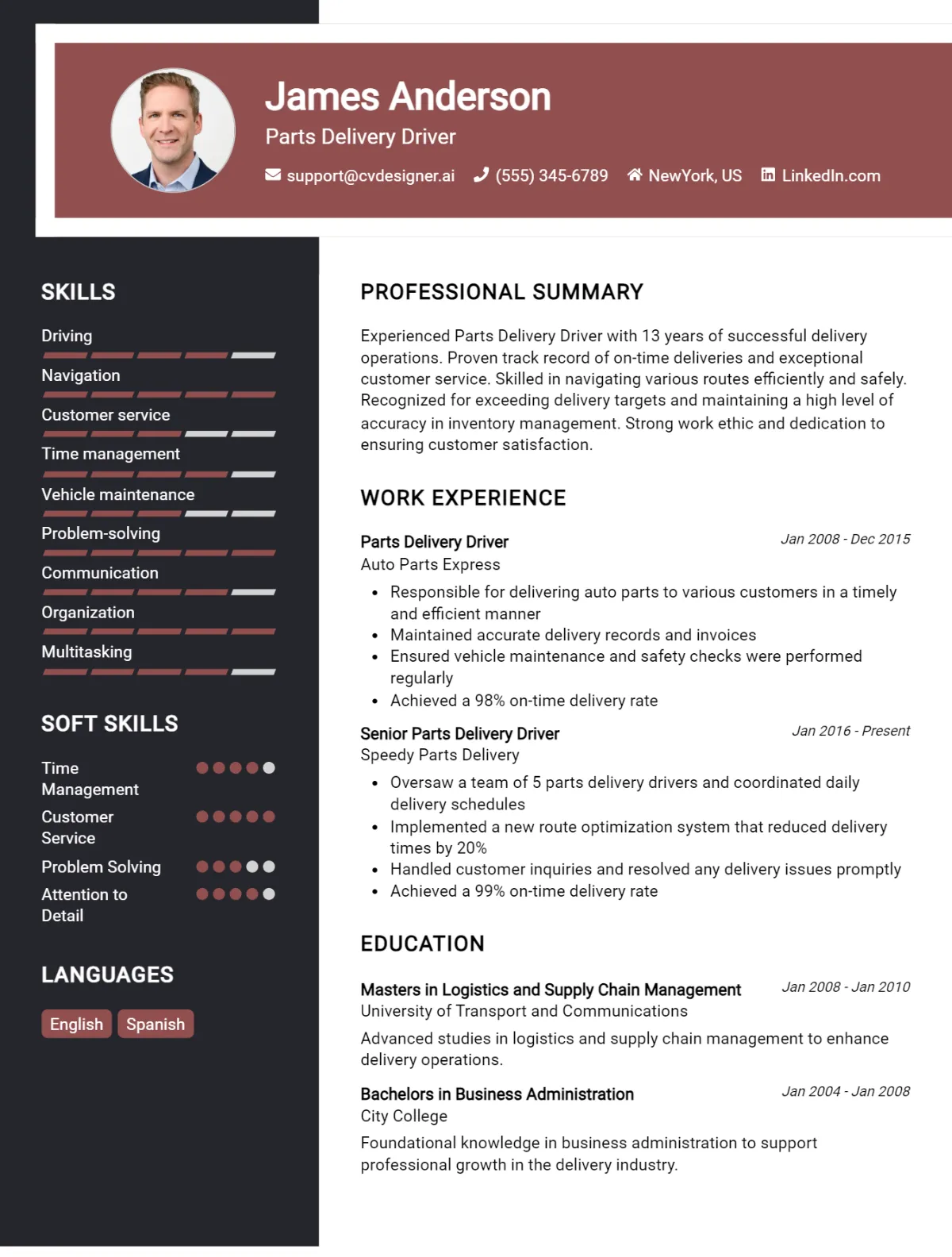 Parts Delivery Driver CV Example For 2026: Top CV Skills Preview