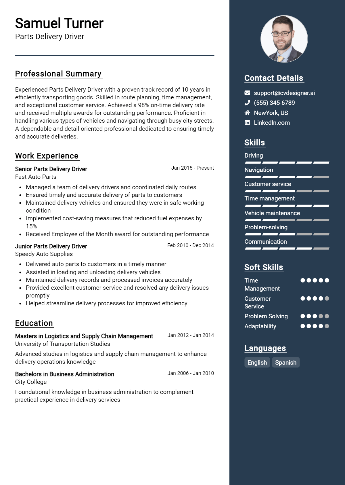 Parts Delivery Driver Resume Example for 2026: Free Downloadable Templates Preview