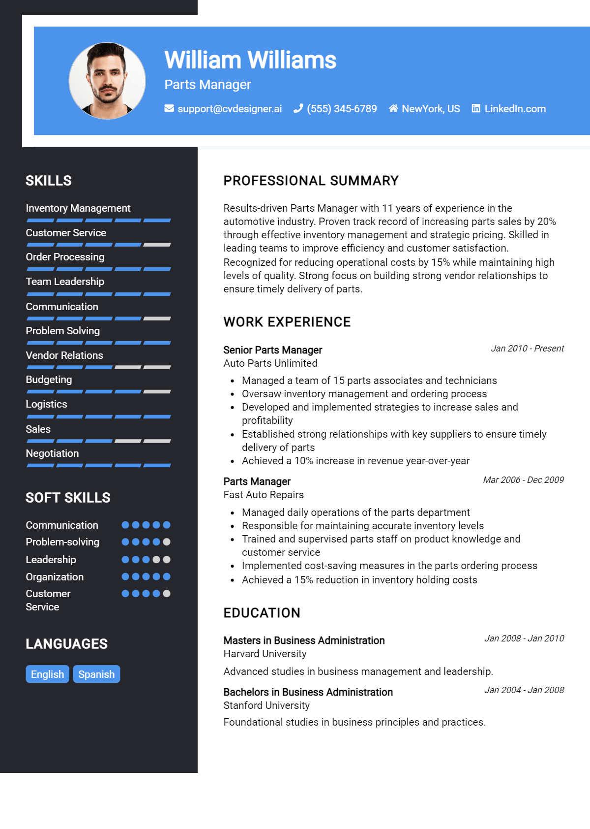 Parts Manager Resume Example for 2026: Top CV Skills Preview