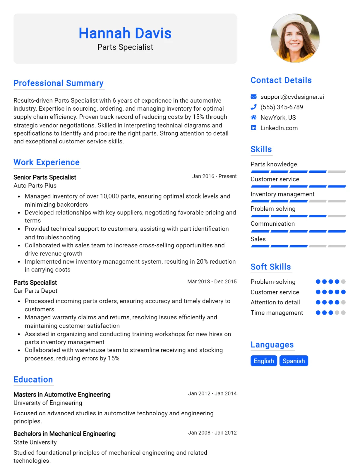 Parts Specialist CV Example For 2026: Free Professional Templates Preview