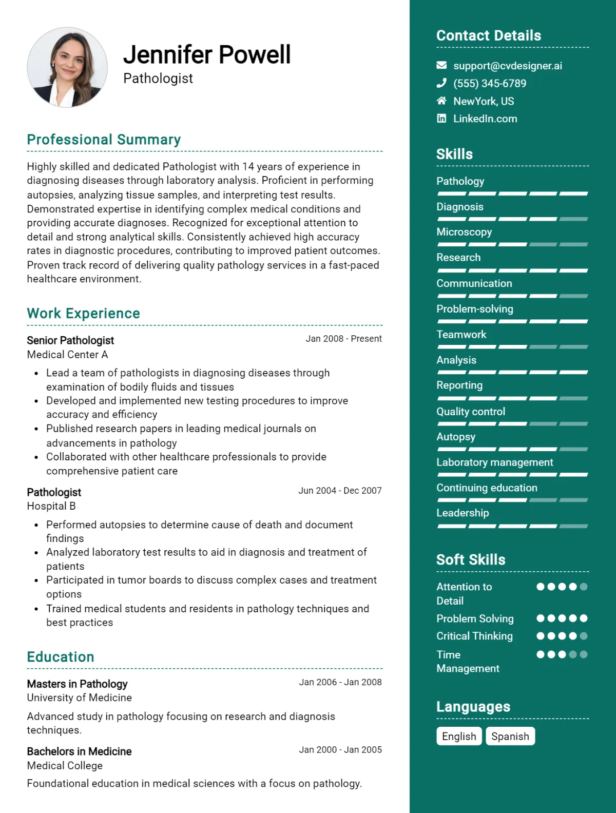 Pathologist CV Example For 2026: Free Professional Templates Preview
