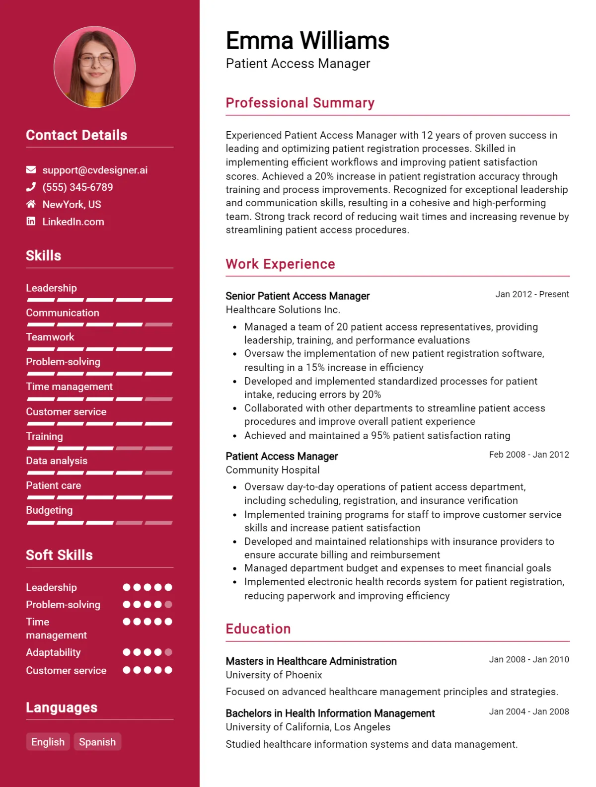 Patient Access Manager CV Example For 2026: Top CV Skills Preview