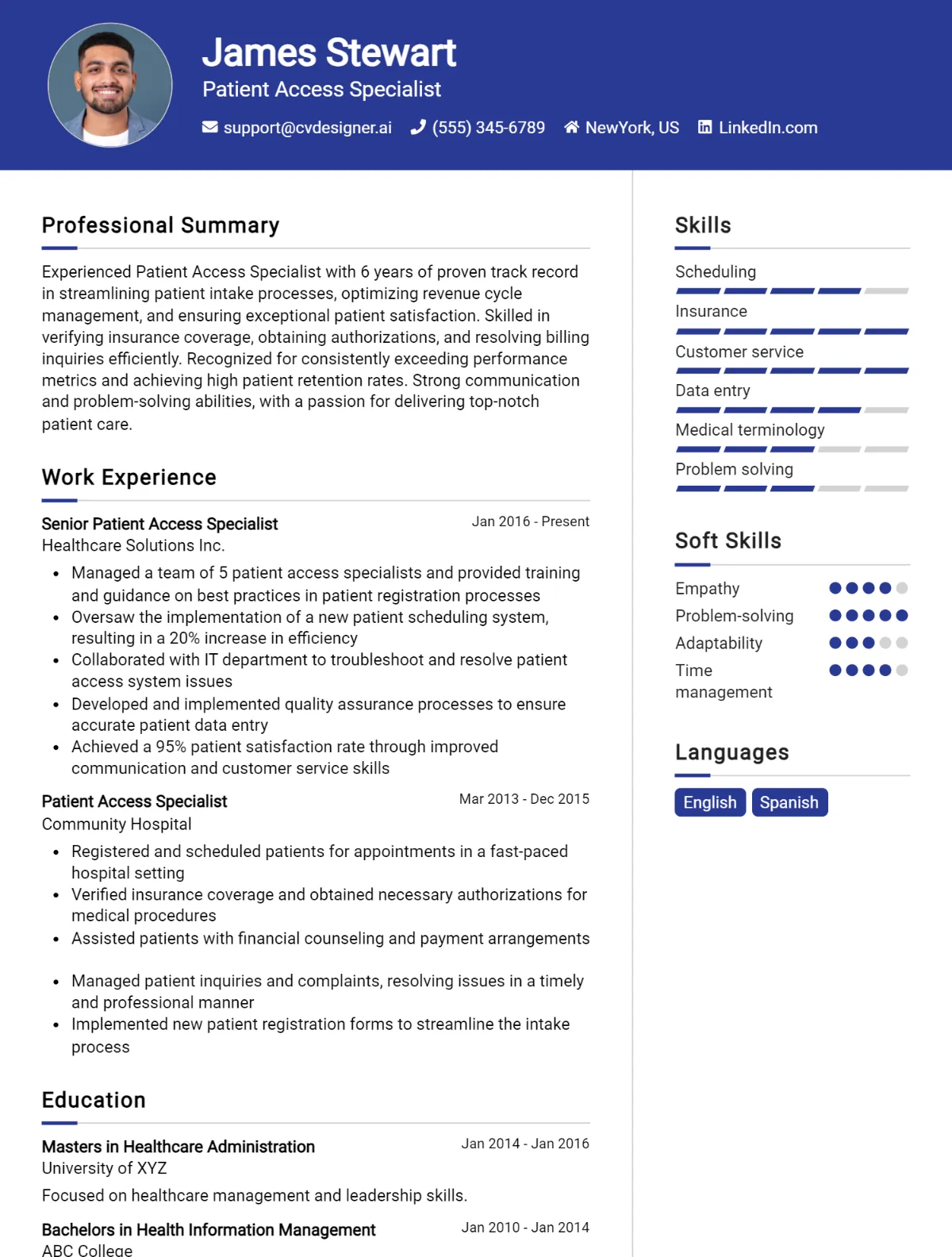 Patient Access Specialist CV Example For 2026: Tips & Templates Preview