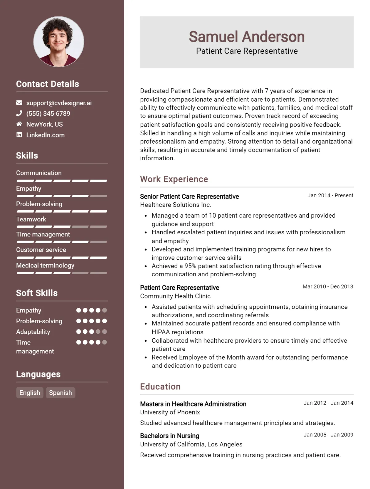 Patient Care Representative CV Example For 2026: Examples & Free Templates Preview