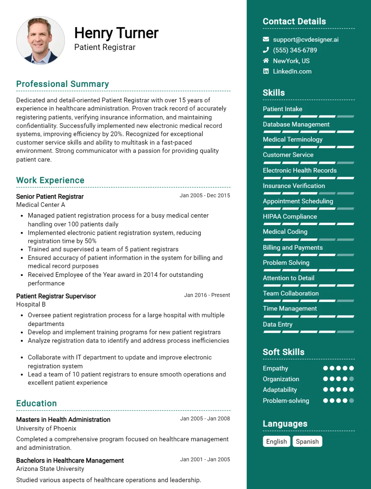 Patient Registrar CV Example For 2026: Free Downloadable Templates Preview