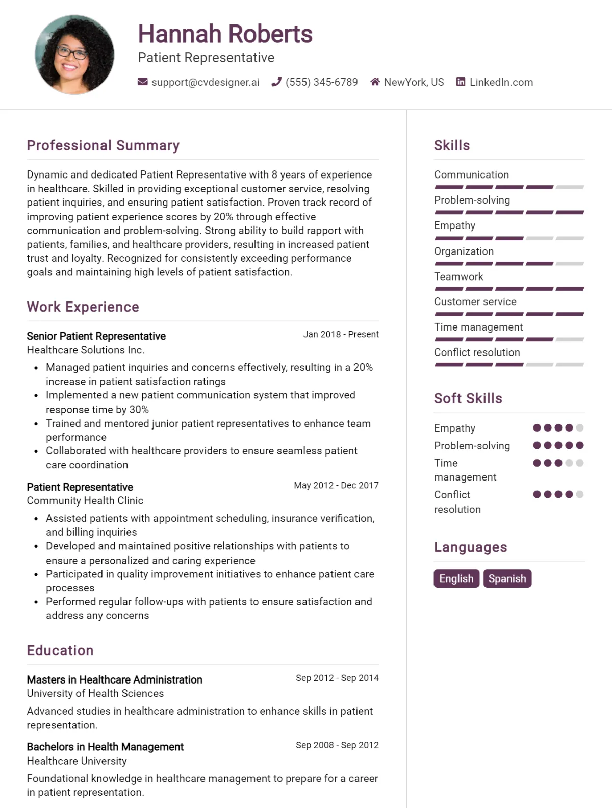 Patient Representative CV Example For 2026: Free Professional Templates Preview