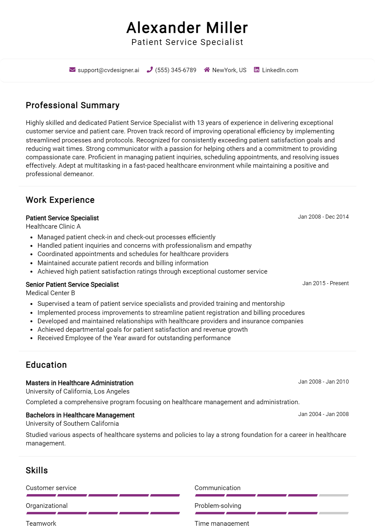 Patient Service Specialist Resume Example for 2026: Expert Tips & Templates Preview
