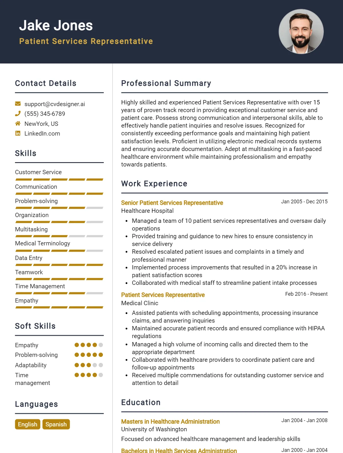 Patient Services Representative CV Example For 2026: Professional CV Templates Preview