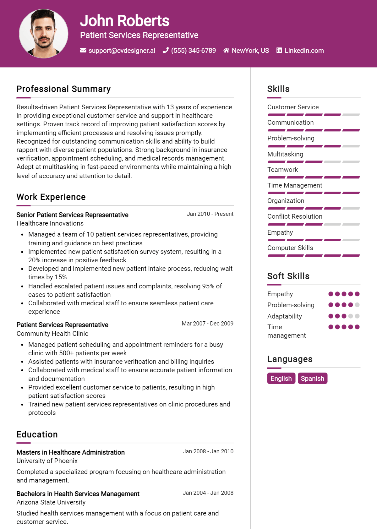 Patient Services Representative Resume Example for 2026: Free Downloadable Templates Preview