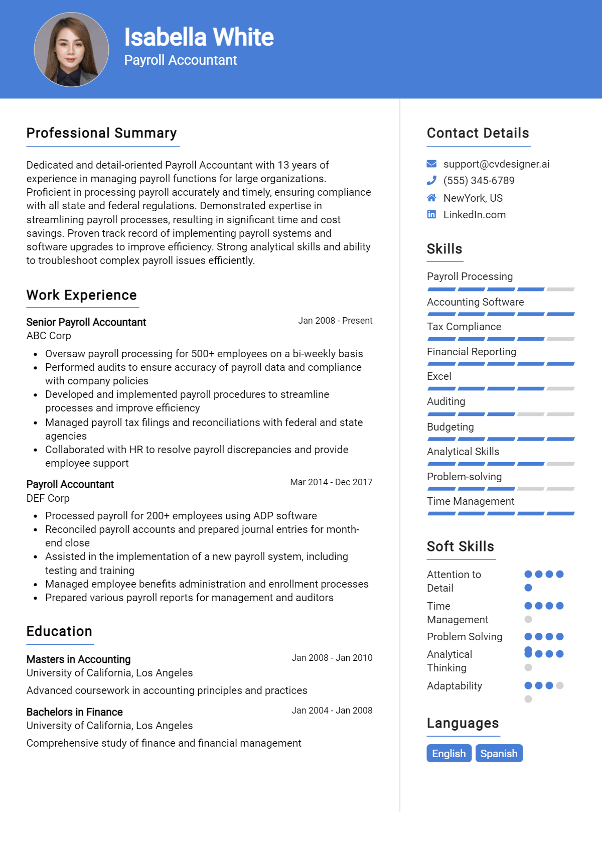 Payroll Accountant Resume Example for 2026: Top CV Skills Preview