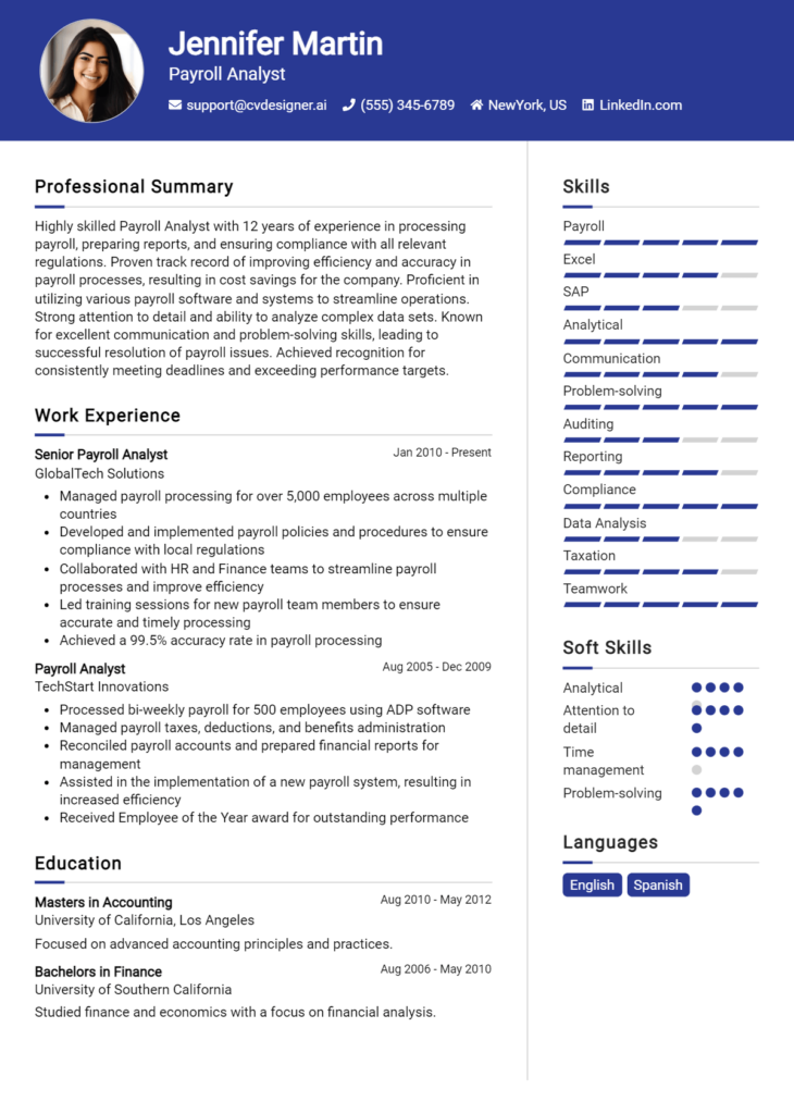 Payroll Analyst Resume Example