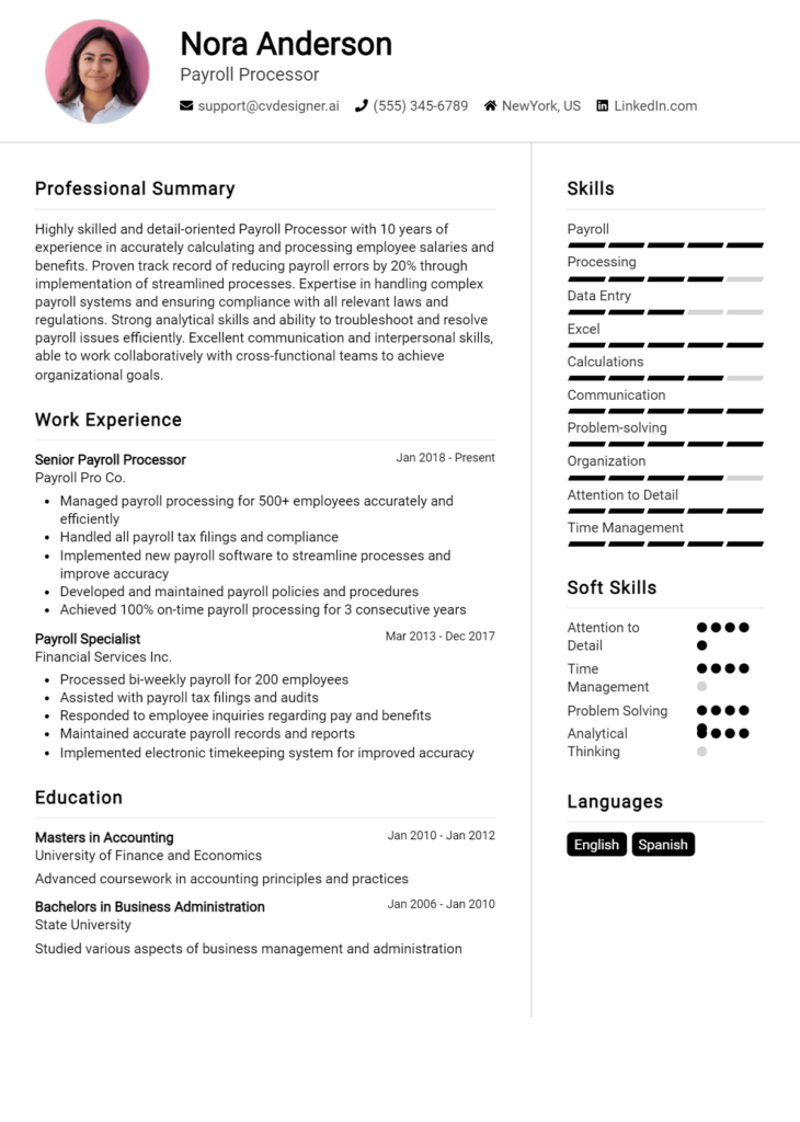 Payroll Processor Resume Example