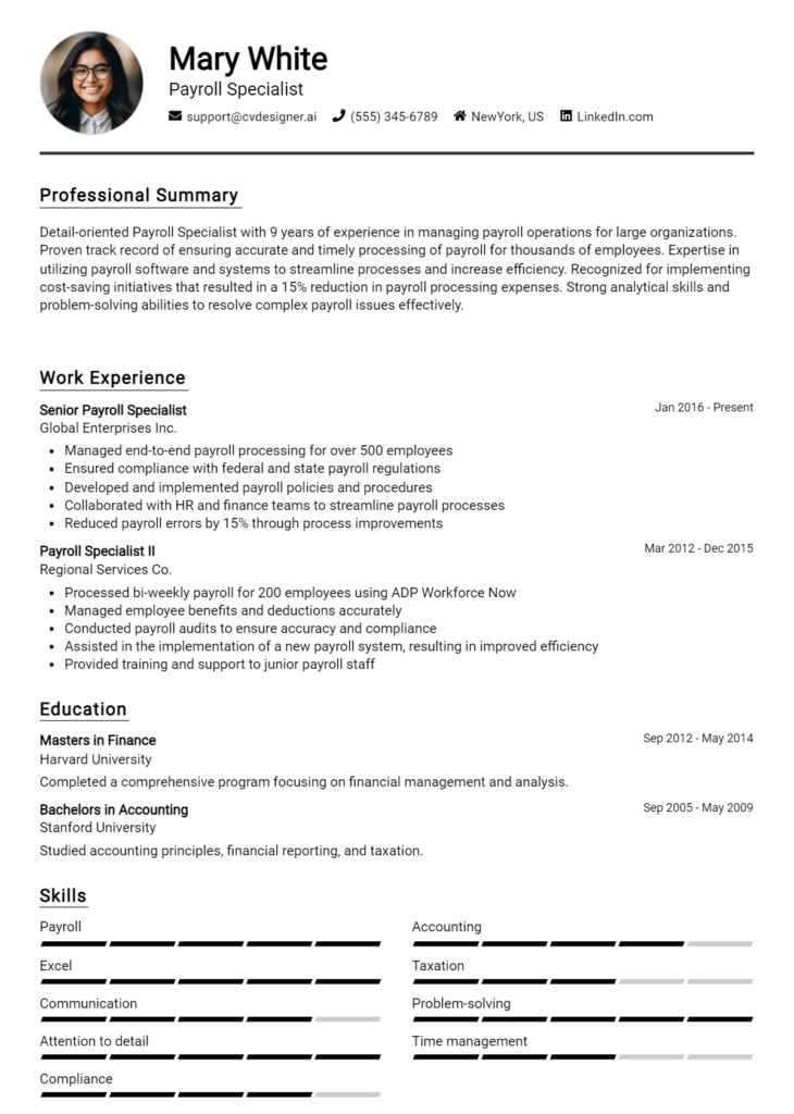 Payroll Specialist Resume Example