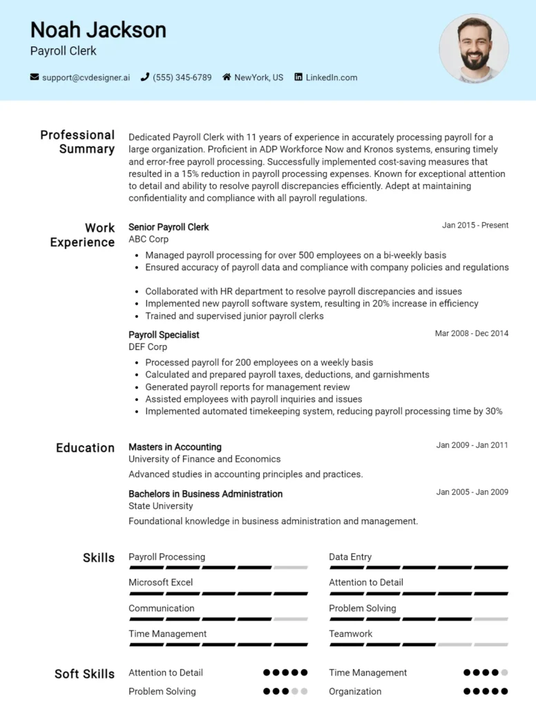 Payroll Clerk CV Example