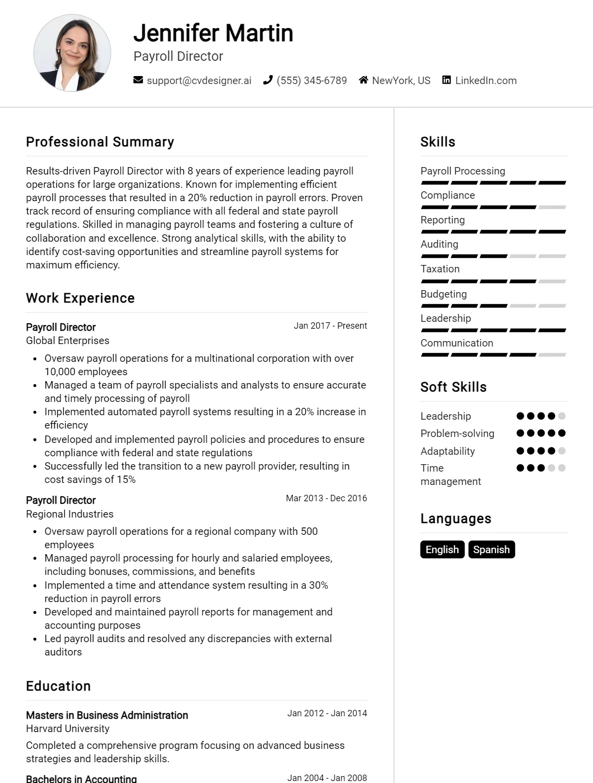 Payroll Director CV Example For 2026: Examples & Free Templates Preview