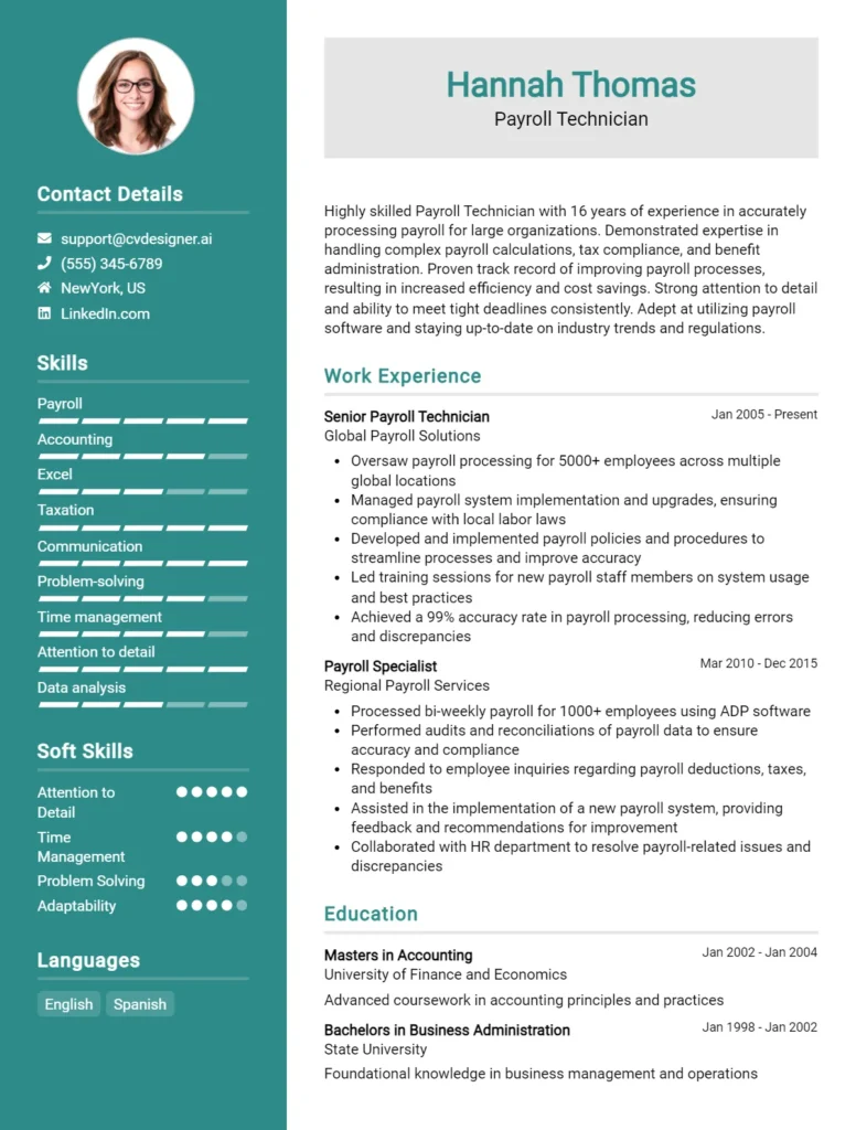 Payroll Technician CV Example
