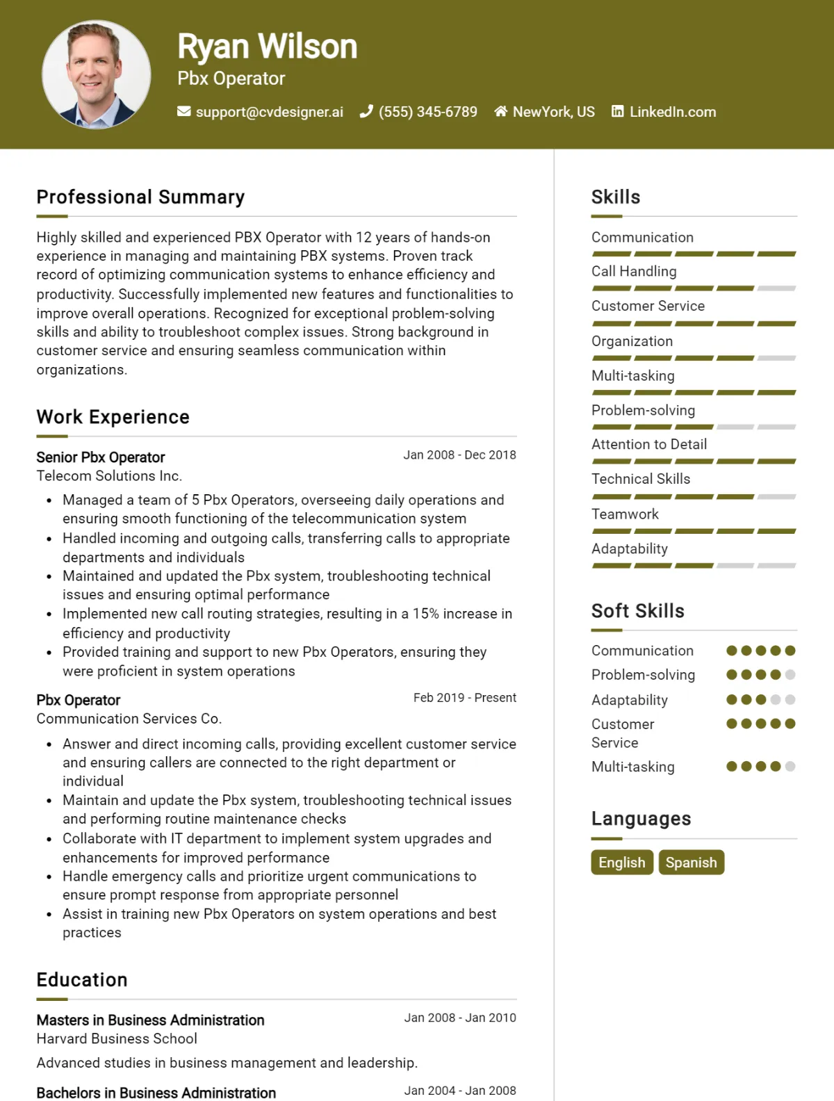 PBX Operator CV Example For 2026: How to Create a Professional CV Preview