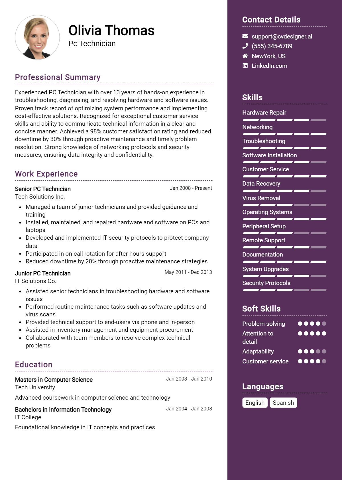 Pc Technician Resume Example for 2026: Free Examples Preview