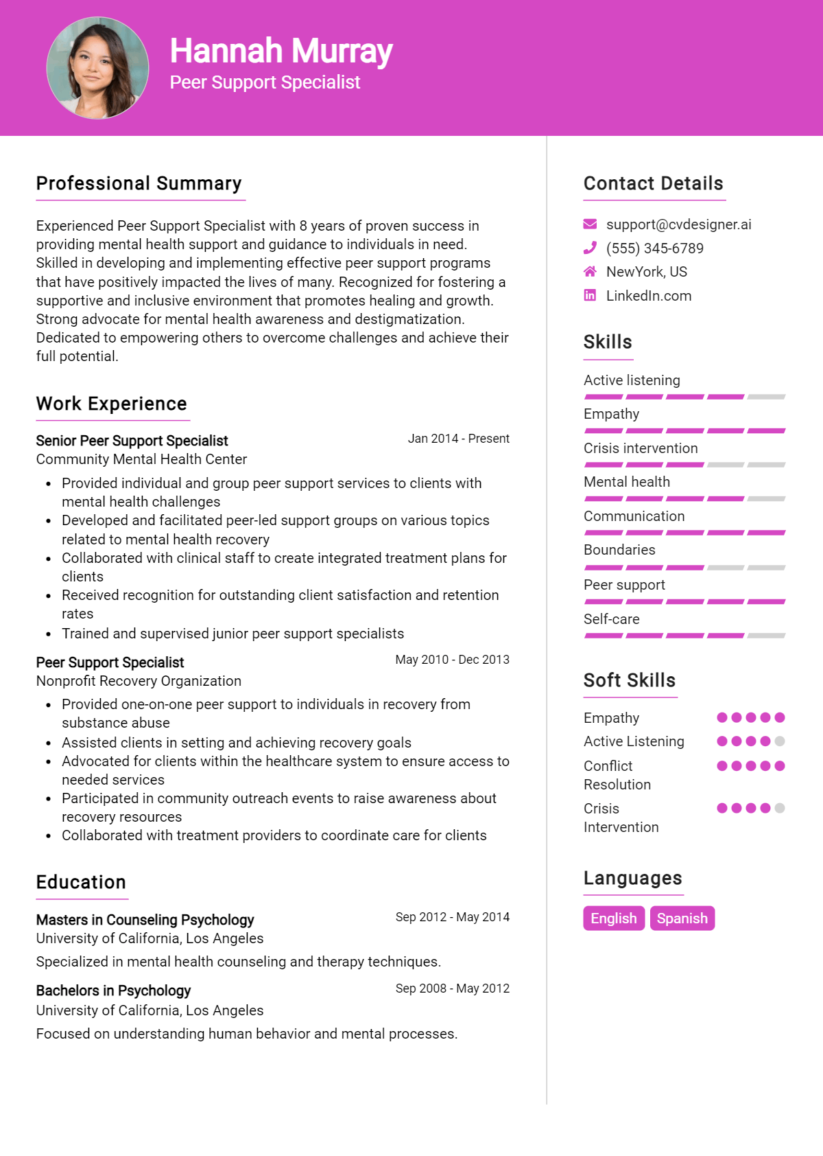 Peer Support Specialist Resume Example for 2026: Examples & Free Templates Preview