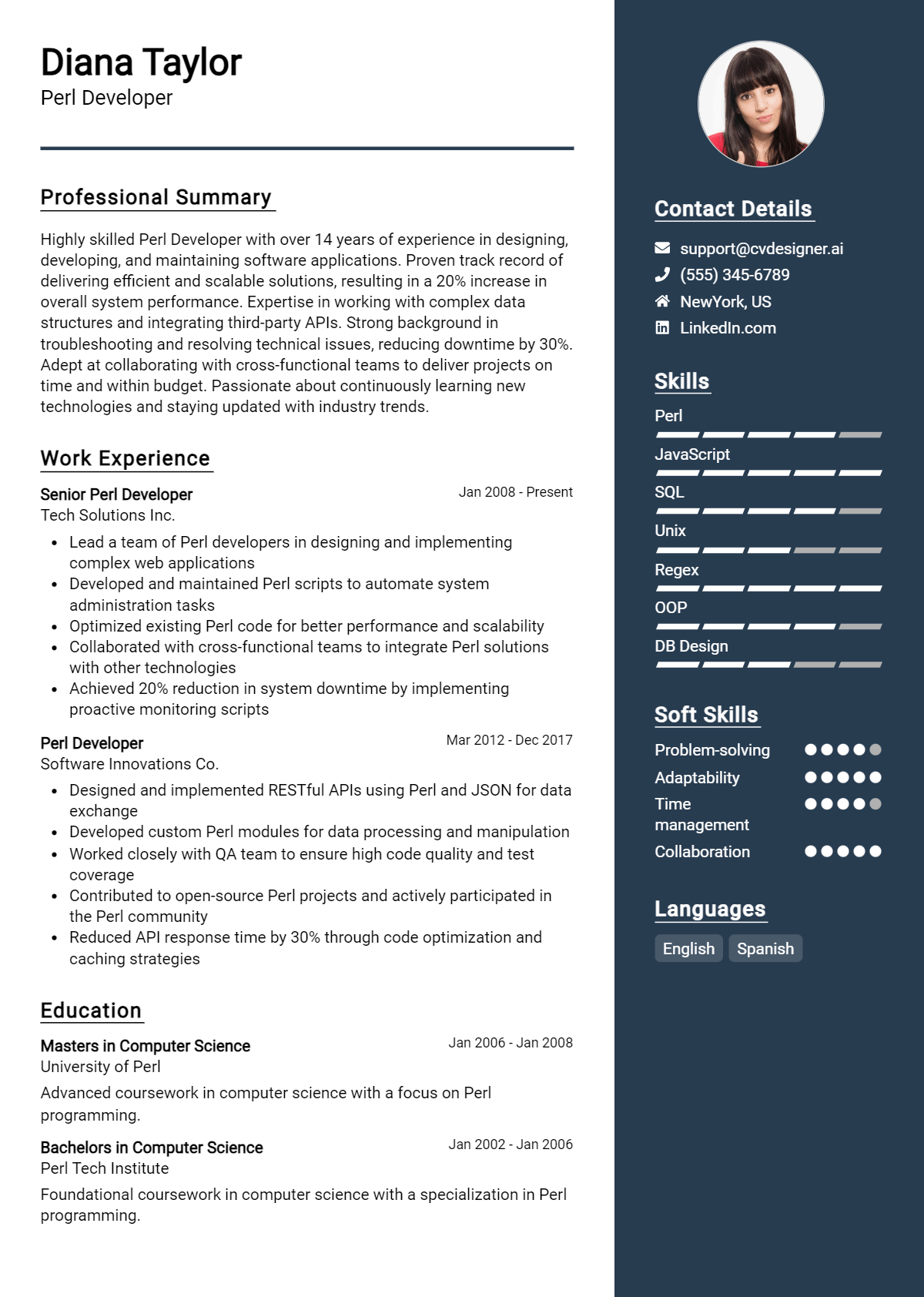 Perl Developer Resume Example for 2026: Top CV Skills Preview