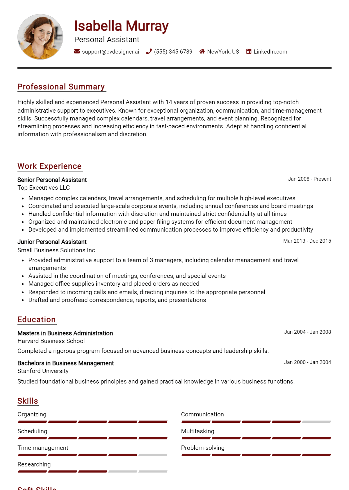 Personal Assistant Resume Example for 2026: Examples & Free Templates Preview